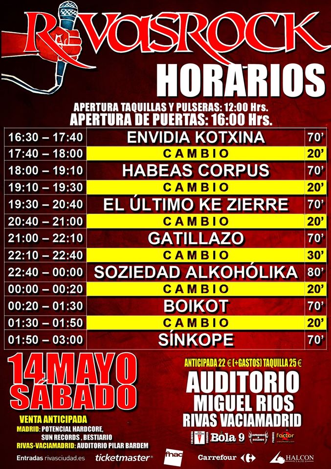 Rivas Rock Festival 2016 - Horarios Rivas Rock Festival 2016 - Horarios