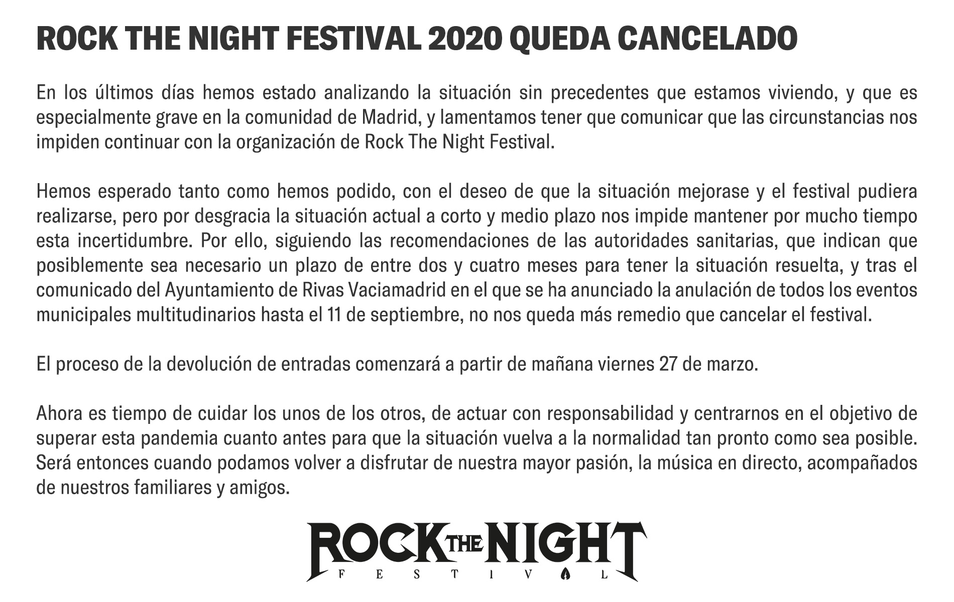 Comunicado cancelaci&oacute;n Rock The Night 2020
