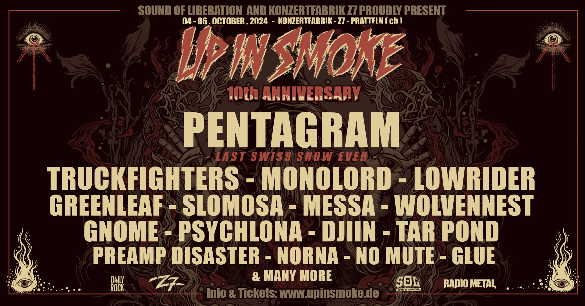 Anuncio del Up In Smoke Festival que confirma entre otras bandas a Pentagram, Truckfighters, Monolord entre otros para su décima edición.