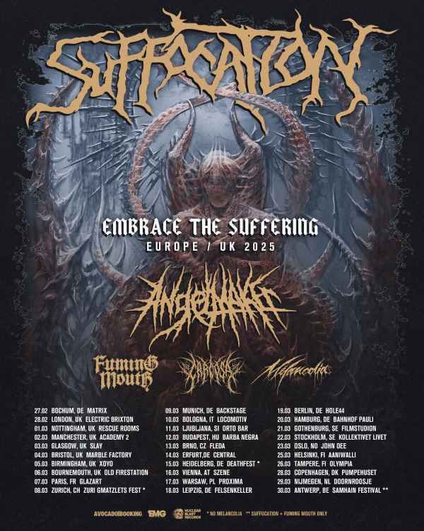 Suffocation, han anunciado una serie de fechas de su gira europea para febrero y marzo de 2025.