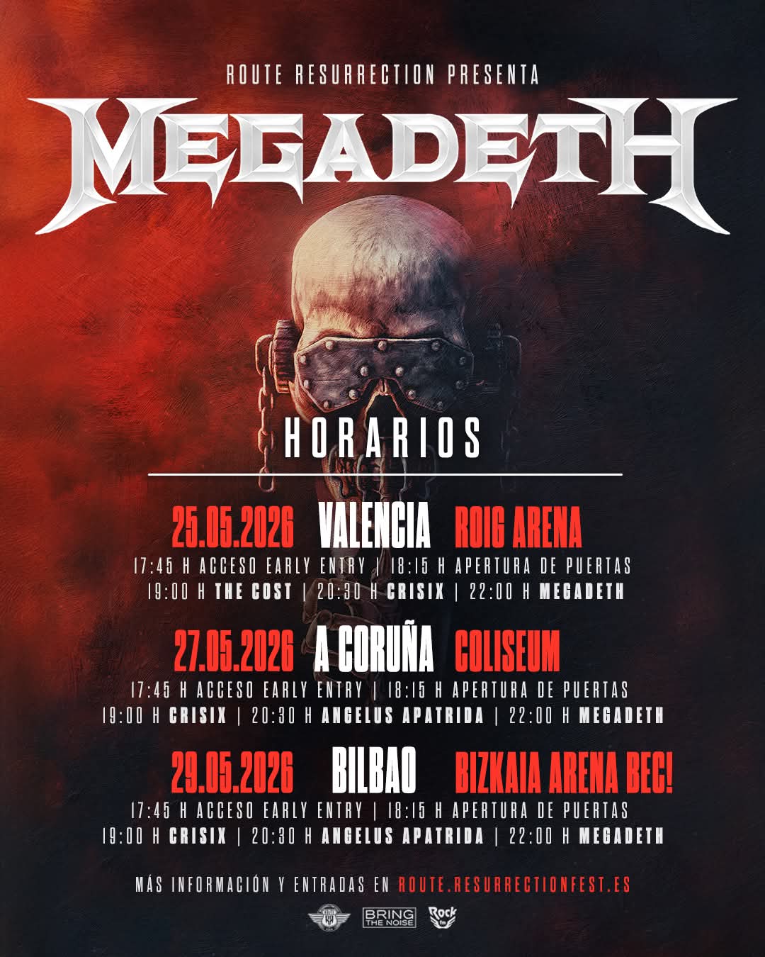 Publicado los horarios de los conciertos de Megadeth en la Península
