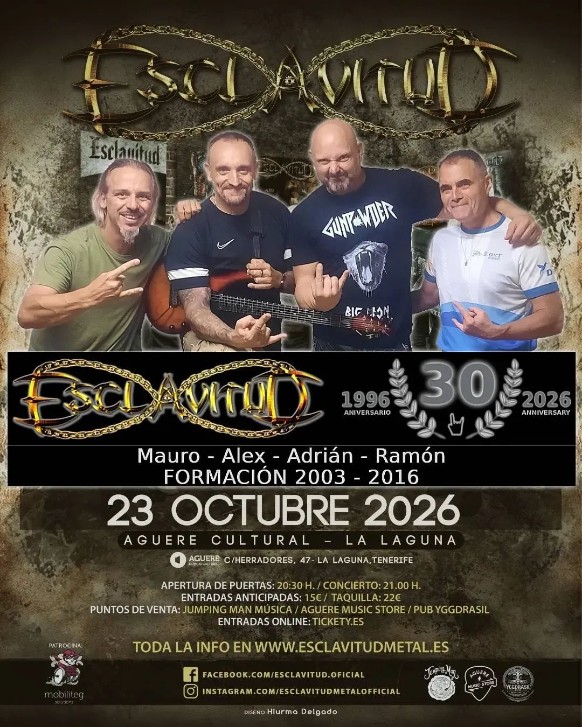 Esclavitud reunirá a su formación histórica para celebrar su 30º aniversario en Tenerife.